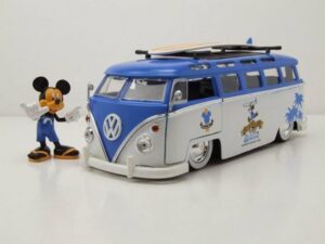 JADA Modellauto VW T1 Samba Bus 1962 blau weiß mit Mickey Mouse Figur Modellauto 1:24