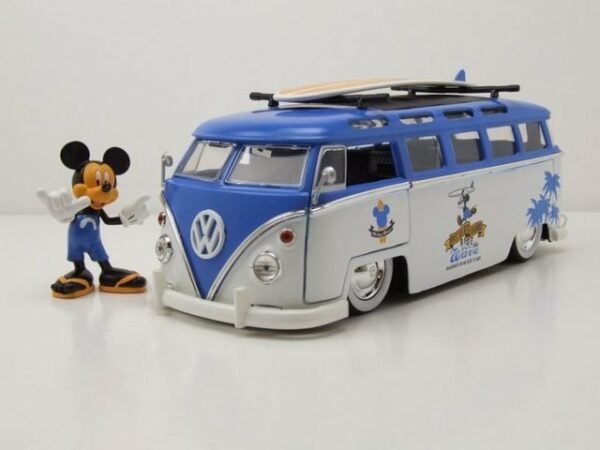 JADA Modellauto VW T1 Samba Bus 1962 blau weiß mit Mickey Mouse Figur Modellauto 1:24