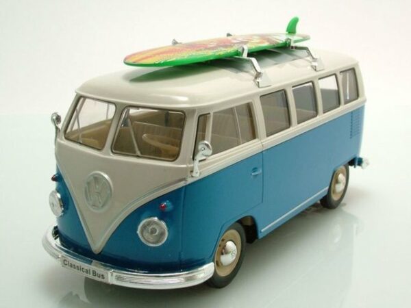 Welly Modellauto VW Classical Bus T1 1962 blau weiß mit Surfbrett Modellauto 1:24 Welly