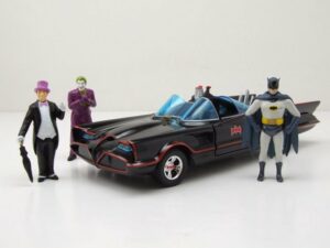 JADA Modellauto Batmobile Classic Batman TV-Serie 1966 schwarz mit Figuren Modellauto